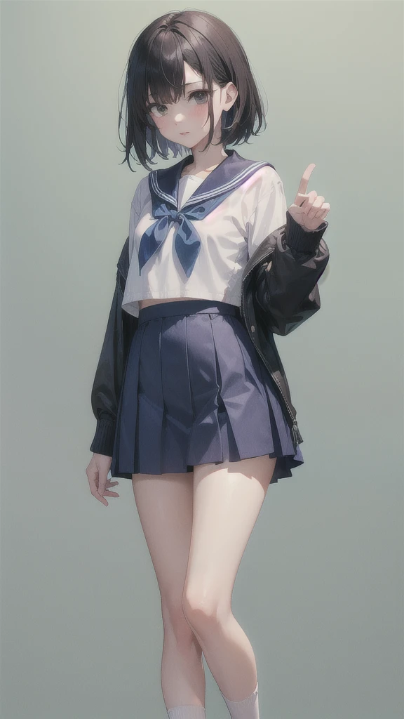 We can see the girl's whole body.
She stands at attention.
She bends her wrists.
She is 18 old.
She is medium height.
She has one eye dark haired
She has black eyes.
She has two arms.
She has two legs.
She has five fingers on her right hand.
She has five fingers on her left hand.
She wears nothing on her face.
She wears a dark blue and white sailor suit.
She wears a dark blue mini skirt.
She wears a white underwear.
She wears white socks.
She wears brown loafers.
it is nothing green background.