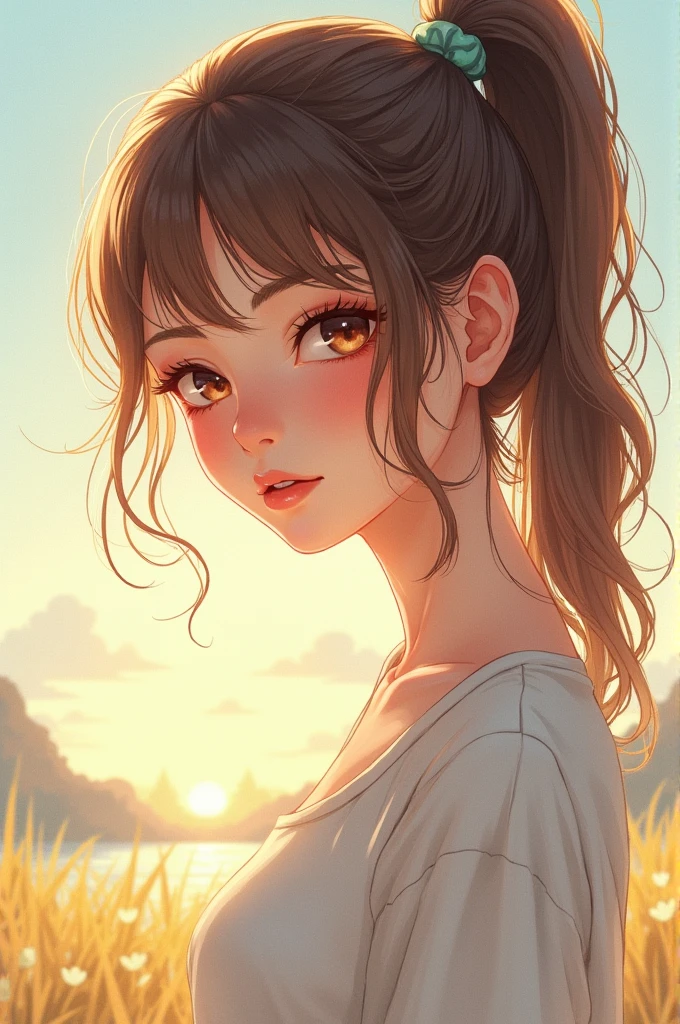 ((masterpiece)), (best quality), high resolution, (ultra-detailed), (8k), caustics, cinematic lighting, perfect anatomy, sharp focus, beautiful detailed eyes, beautifully detailed lip, beautifully detailed hair, super detailed skin BREAK Whimsical watercolor illustration style, Soft pastel palette, Summer-inspired color palette, Character interacting with the environment BREAK official art of A Beautiful Girl,Feeling the end of summer, (hazel hair, ponytail), ((big eyes, hazel eyes)), (natural makeup:1.2), casual fits, (small breast size), (slender) BREAK full body