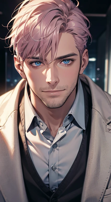 (best quality,4k,8k,highres,masterpiece:1.2),ultra-detailed,(realistic,photorealistic,photo-realistic:1.37),1 man,31 years old,mature man,very handsome,without expression,smile,short grey pink hair,blue eyes,penetrating gaze,perfect face without errors,imposing posture,businessman,office background,cinematic lighting,hdr image