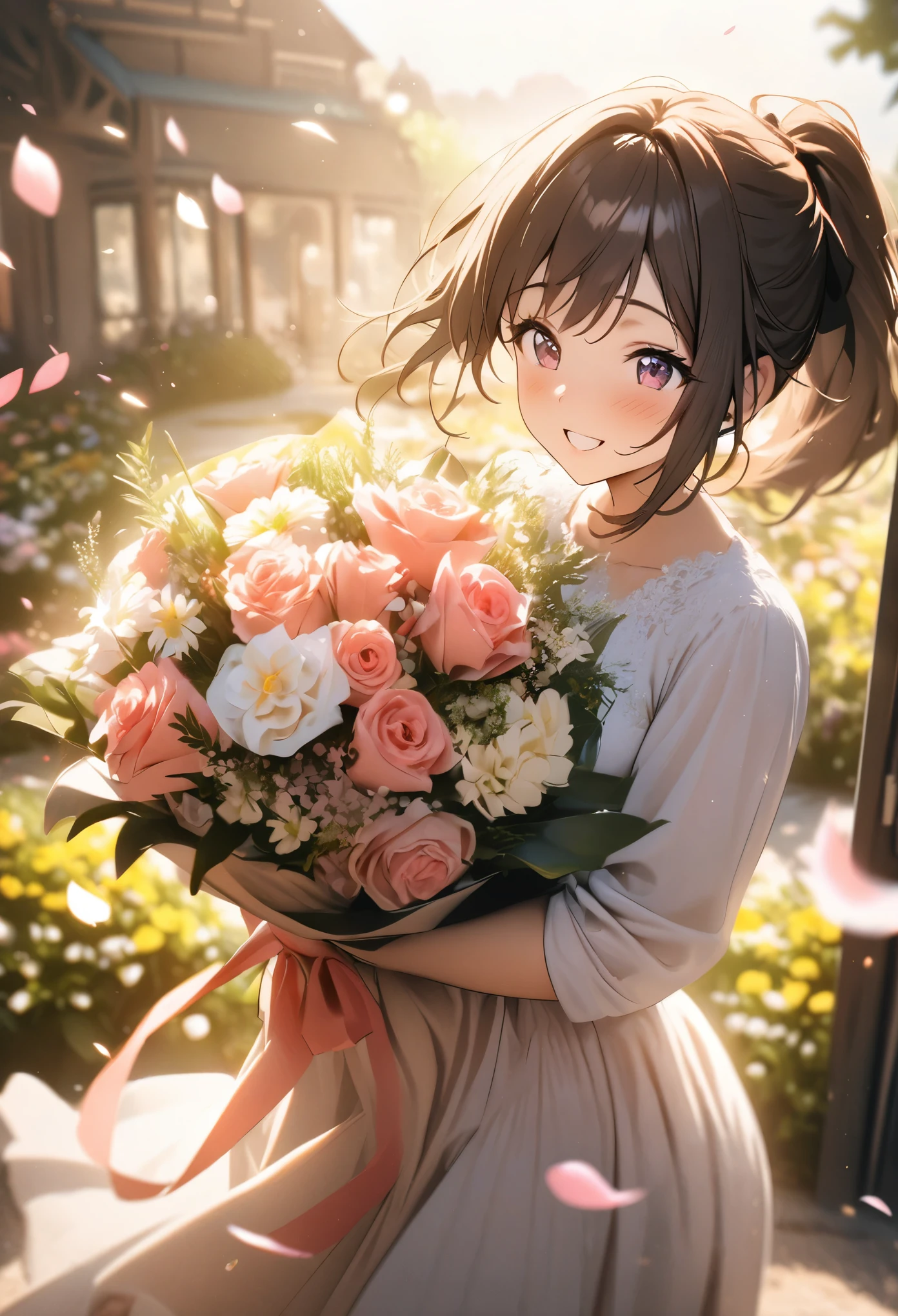 Anime, depth of field, cinematic lighting, lens flare, f/1.2, (Masterpiece: 1.2), (high resolution), flower garden, ponytail hair, girl with a bouquet, smile of joy, dancing petals, light effects, emotion photo, full of kindness, (bouquet for you), masterpiece, highest quality, highly detailed CG Unity 8k wallpaper,