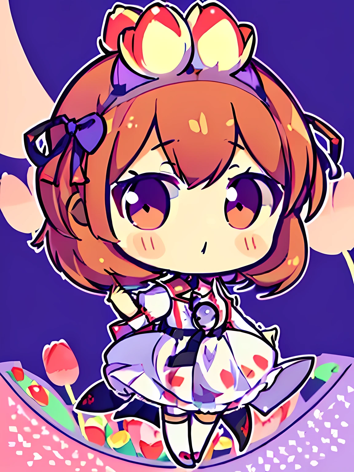 ((masterpiece, best quality, high resolution)), Anime-style images, (((tulips on head:1.4, A single tulip blooms from her head))), white background, simple background, Chibi, Face without a nose:1.4, Half-open eyes, Slightly Big eyes, ((Persona 3 character Yukari Takeba)), Small and cute, 