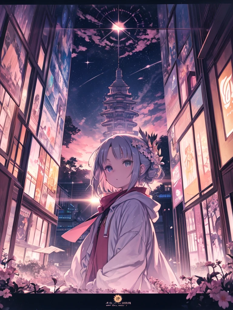 original character, Boa Feather, hoodie, Have, suit, Babylonian Hanging Gardens, nebula, Light of the sun, High angle view, Medium Panorama, Faded pastel illustrations, Anime Art, tsukasa hojo, Ghibli, Cinema Lighting, Magical Reflection, Anime-style bokeh, Magic lighting, The Magic of Cherry Blossoms