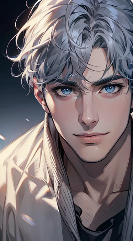 (best quality,4k,8k,highres,masterpiece:1.2),ultra-detailed,(realistic,photorealistic,photo-realistic:1.37),1 man,31 years old,mature man,very handsome,without expression,smile,short grey blue hair,blue eyes,penetrating gaze,perfect face without errors,imposing posture,businessman,office background,cinematic lighting,hdr image
