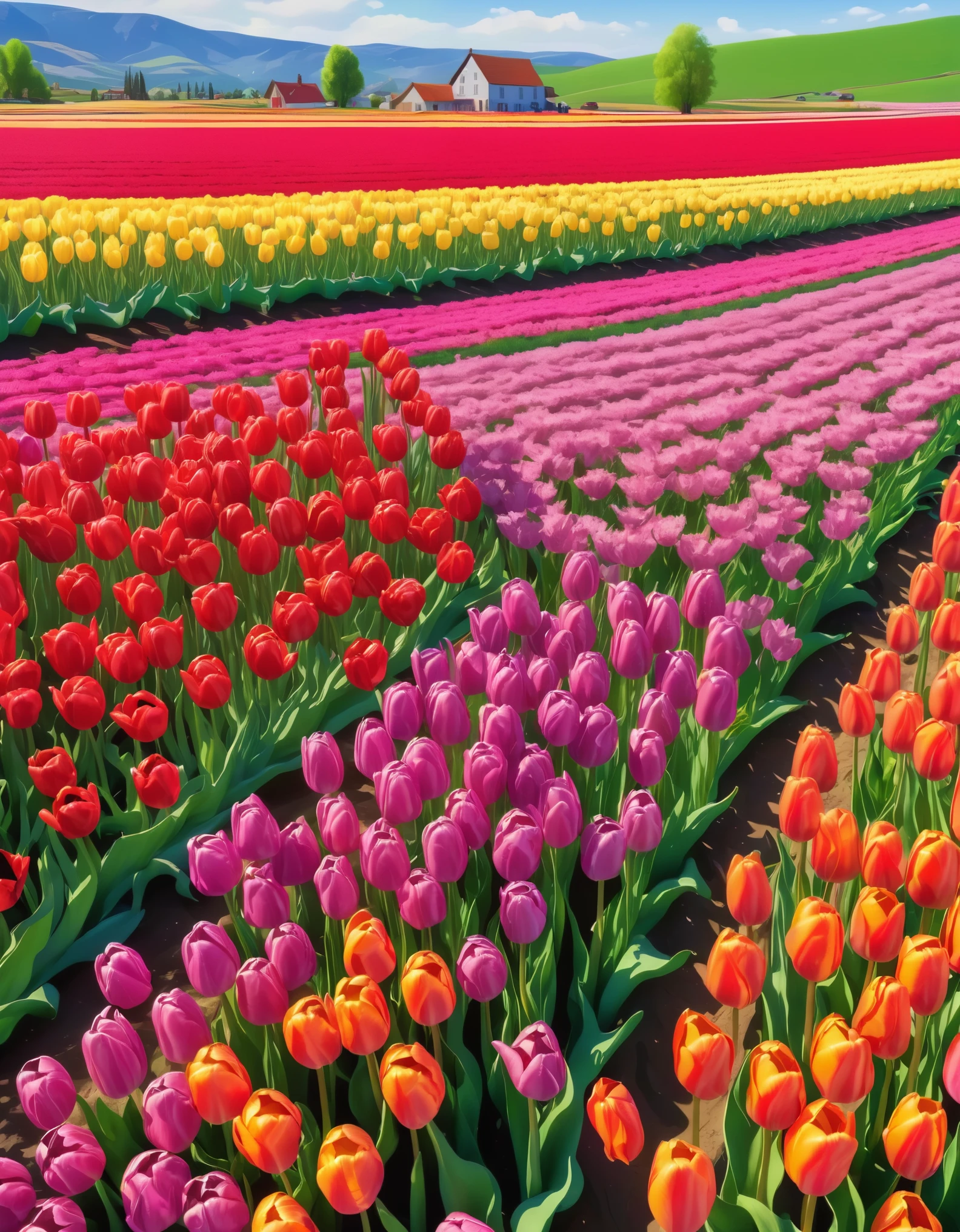 a beautiful ((tulip)) field, colorful tulips, vibrant colors, spring landscape, rolling hills, natural light, photorealistic, 8k, hyperdetailed, masterpiece, highly detailed, intricate, vivid, stunning, captivating, breathtaking, serene, peaceful, idyllic