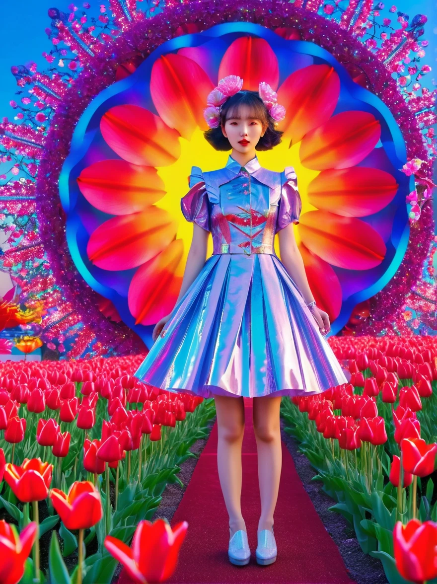 (3D,Mechanical feel,cute,ais-scrapyrd 1girl,Tulip fields),(使用广角镜头拍摄whole body图像:1.9),(masterpiece:1.1),(Highest quality:1.1),(HDR:1.0),Ambient Light,Ultra high quality,(Ultra-detailed original illustrations),(1 Girl,whole body),(Rainbow Tulip Dress),(Slender thighs),(Shoes made from tulip flowers: 1.5),((Harajuku Fashion)),((Flowers with human eyes,Eye disease)),Double Exposure,Fusion of Fluid Abstract Art,Fault,(Original illustration composition),(Limited color blending,Extreme art style,Geometric artstyle), , Colorful neon lights,High-tech mechanical parts,Metal body,Detailed Vibranium Flower Design,Vibrant colors,Dynamic glowing flowers,Reflective metal surface,Bright environment,Dynamic poses,Exquisite existence,Skills Improvement,Interlocking mechanical gears,Stylish design,motion blur effect,Detailed metal treatment,Sci-fi atmosphere,Streamlined aerodynamic shape,Laser scanning pattern,Holographic projection,LED light track,Beautiful and unforgettable,Advanced sensors,Complex algorithms,Ominous and mysterious atmosphere,Electric Spark,Shiny chrome,Propulsion systems of the future,(Best quality,8k,high resolution,masterpiece:1.2),Super detailed,(whole body:1.8), magazine photography,一个cute的女孩形象,Popular on social platforms,((Dopamineism)),(((Dopamine color matching))),Dopamine,(in the style of Y2K),Luo Erchun,3D古风,Oriental poetry and painting