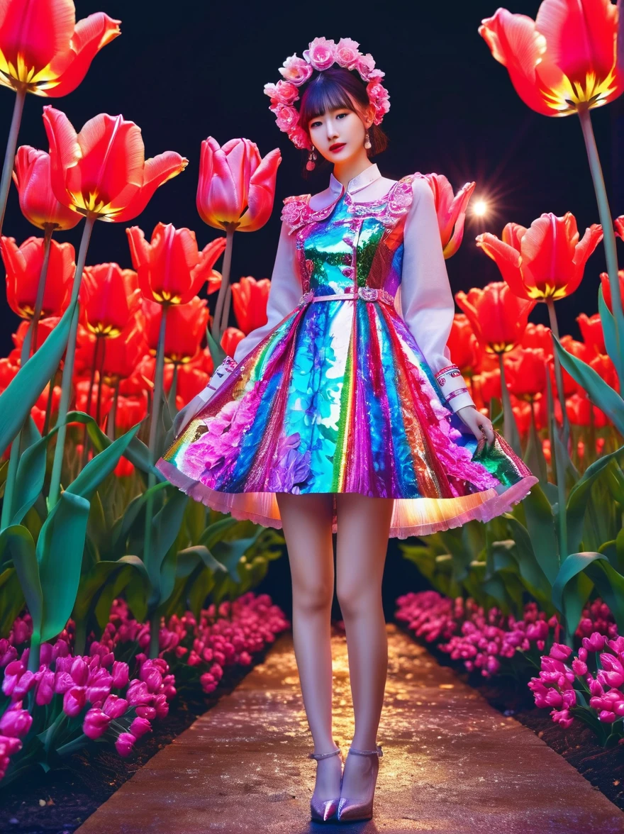 (3D,Mechanical feel,cute,ais-scrapyrd 1girl,Tulip fields),(使用广角镜头拍摄whole body图像:1.9),(masterpiece:1.1),(Highest quality:1.1),(HDR:1.0),Ambient Light,Ultra high quality,(Ultra-detailed original illustrations),(1 Girl,whole body),(Rainbow Tulip Dress),(Slender thighs),(Shoes made from tulip flowers: 1.5),((Harajuku Fashion)),((Flowers with human eyes,Eye disease)),Double Exposure,Fusion of Fluid Abstract Art,Fault,(Original illustration composition),(Limited color blending,Extreme art style,Geometric artstyle), , Colorful neon lights,High-tech mechanical parts,Metal body,Detailed Vibranium Flower Design,Vibrant colors,Dynamic glowing flowers,Reflective metal surface,Bright environment,Dynamic poses,Exquisite existence,Skills Improvement,Interlocking mechanical gears,Stylish design,motion blur effect,Detailed metal treatment,Sci-fi atmosphere,Streamlined aerodynamic shape,Laser scanning pattern,Holographic projection,LED light track,Beautiful and unforgettable,Advanced sensors,Complex algorithms,Ominous and mysterious atmosphere,Electric Spark,Shiny chrome,Propulsion systems of the future,(Best quality,8k,high resolution,masterpiece:1.2),Super detailed,(whole body:1.8), magazine photography,一个cute的女孩形象,Popular on social platforms,((Dopamineism)),(((Dopamine color matching))),Dopamine,(in the style of Y2K),Luo Erchun,3D古风,Oriental poetry and painting