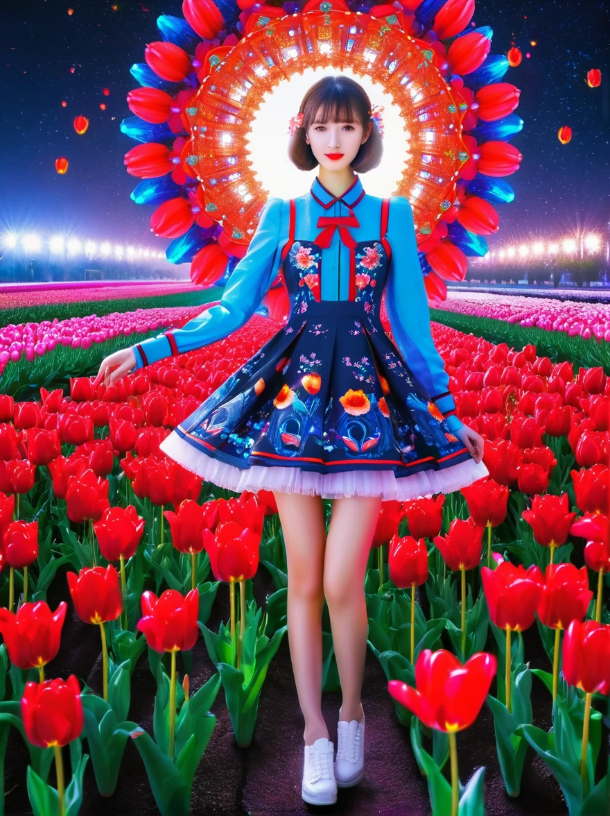 (3D，Mechanical feel，cute，ais-scrapyrd 1girl，Tulip fields)，(使用广角镜头拍摄whole body图像:1.9)，(masterpiece:1.1)，(Highest quality:1.1)，(HDR:1.0)，Ambient Light，Ultra high quality，(Ultra-detailed original illustrations)，(1 Girl，whole body)，(Rainbow Tulip Dress)，(Slender thighs)，(Shoes made from tulip flowers: 1.5)，((Harajuku Fashion))，((Flowers with human eyes，Eye disease))，Double Exposure，Fusion of Fluid Abstract Art，Fault，(Original illustration composition)，(Limited color blending，Extreme art style，Geometric artstyle), , Colorful neon lights，High-tech mechanical parts，Metal body，Detailed Vibranium Flower Design，Vibrant colors，Dynamic glowing flowers，Reflective metal surface，Bright environment，Dynamic poses，Exquisite existence，Skills Improvement，Interlocking mechanical gears，Stylish design，motion blur effect，Detailed metal treatment，Sci-fi atmosphere，Streamlined aerodynamic shape，Laser scanning pattern，Holographic projection，LED light track，Beautiful and unforgettable，Advanced sensors，Complex algorithms，Ominous and mysterious atmosphere，Electric Spark，Shiny chrome，Propulsion systems of the future，(Best quality，8k，high resolution，masterpiece:1.2)，Super detailed，(whole body:1.8), magazine photography，一个cute的女孩形象，Popular on social platforms，((Dopamineism))，(((Dopamine color matching)))，Dopamine，(in the style of Y2K)，Luo Erchun，3D古风，Oriental poetry and painting