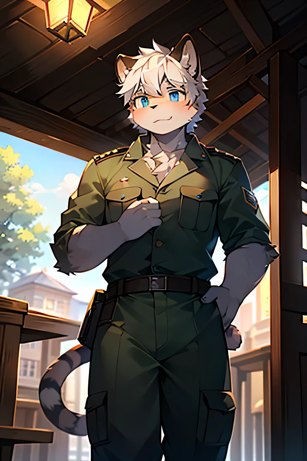Campus Landscape,A tiger boy,The scene takes place in a tavern。Light blue eyes,White hair,military uniform,Strong body,solo,cute,hairy,Fur