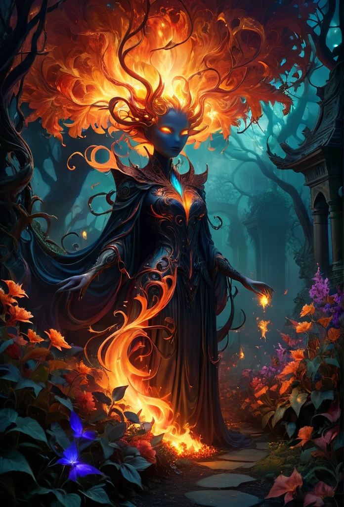 [Rewritten Input]
Distinguished quality, high-resolution, exceptional masterpiece:1.2, meticulously detailed, authentic:1.37, horror-themed, blazing magical flames, otherworldly flora, fiery conflagration, luminescent foliage, enchanted garden, mystical ambiance, ominous shadows, captivatingly haunting, eerie radiance, intense hues, dark aura, unearthly vines, fiery tendrils, dancing embers, extraterrestrial landscape, ethereal flowers, magical energy, surreal scenery, shadowy figures, enigmatic creatures, mesmerizing illumination, unnatural growth, foreboding presence, smoky haze, flickering light, spectral glow, intense heat, whispering flames, supernatural powers, glowing orbs, mystic spell, eerie ambiance, otherworldly beauty, spectral plants, transcendent vision.