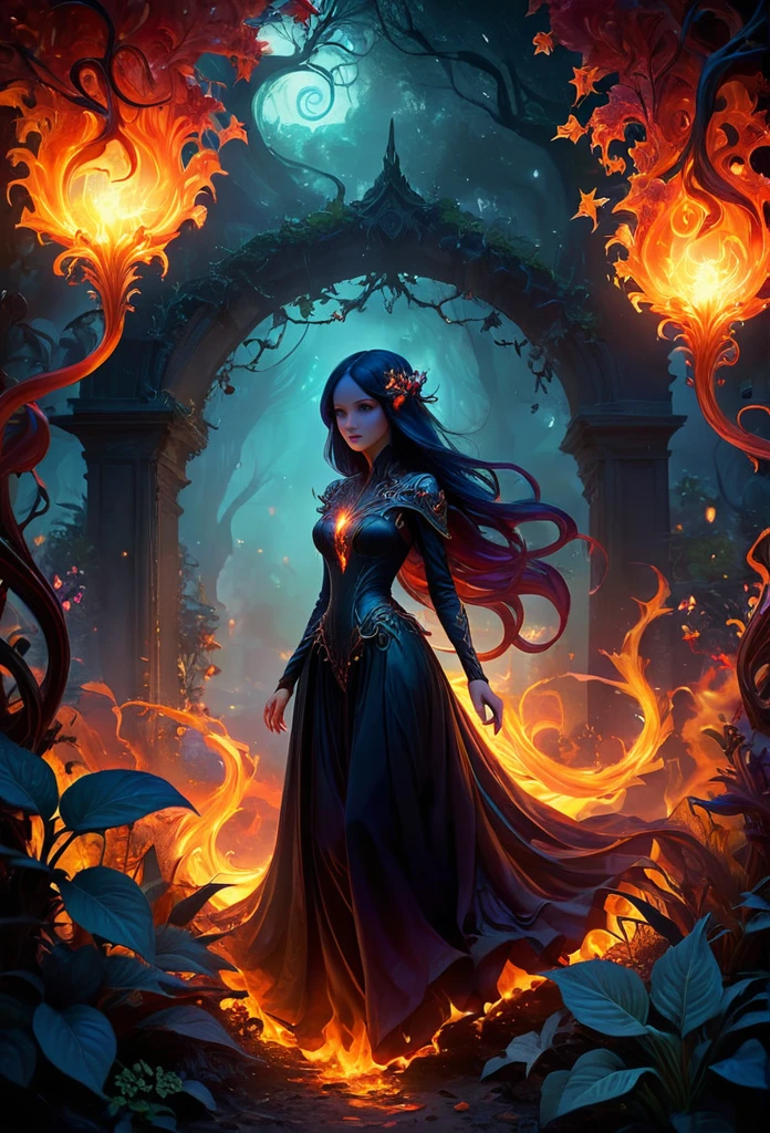[Rewritten Input]
Distinguished quality, high-resolution, exceptional masterpiece:1.2, meticulously detailed, authentic:1.37, horror-themed, blazing magical flames, otherworldly flora, fiery conflagration, luminescent foliage, enchanted garden, mystical ambiance, ominous shadows, captivatingly haunting, eerie radiance, intense hues, dark aura, unearthly vines, fiery tendrils, dancing embers, extraterrestrial landscape, ethereal flowers, magical energy, surreal scenery, shadowy figures, enigmatic creatures, mesmerizing illumination, unnatural growth, foreboding presence, smoky haze, flickering light, spectral glow, intense heat, whispering flames, supernatural powers, glowing orbs, mystic spell, eerie ambiance, otherworldly beauty, spectral plants, transcendent vision.