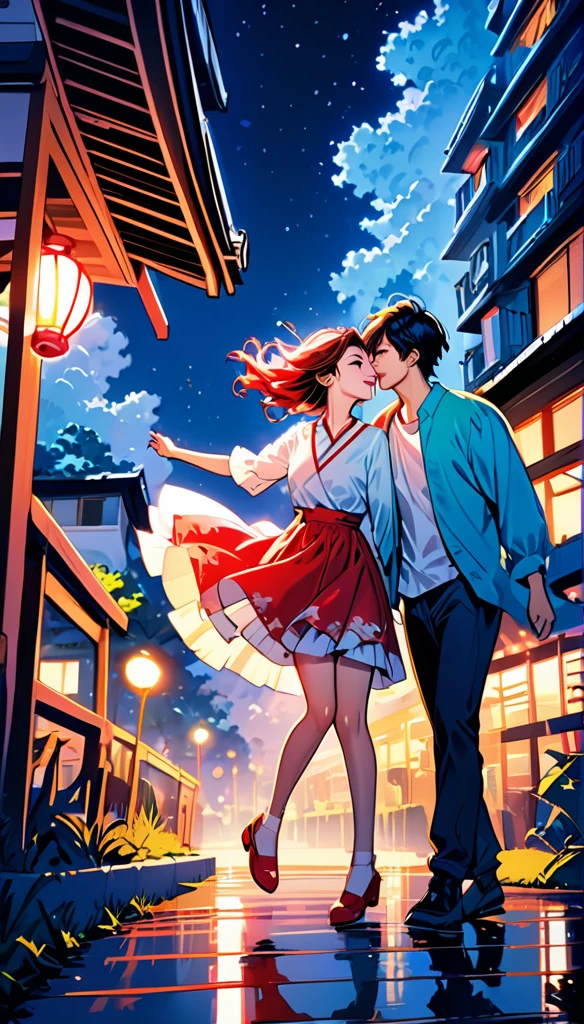 (Highest quality,Very detailed,Realistic:1.37),humor,Comic book style,Bold,Vibrant colors, Close to cool colors,Desaturate,Beautiful night view, A girl and a boy, Fun couple, Laughter, floating love,