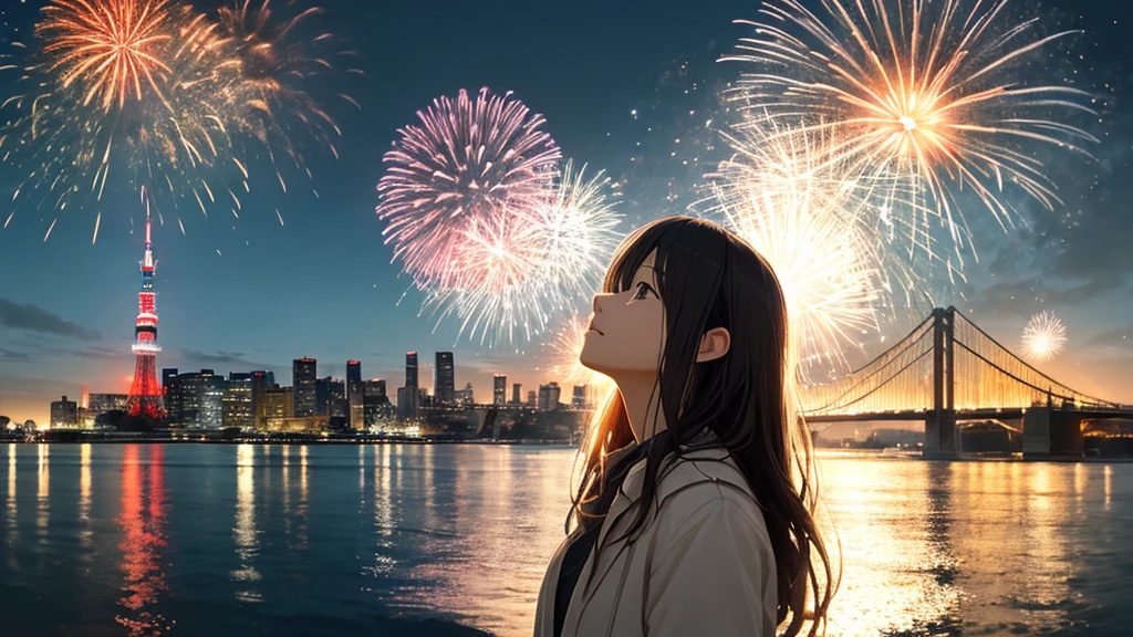 Shiraishi Mei, Looks exactly like Shiraishi Mei、Time is night、Tokyo Tower in the background、Big fireworks、Oceanの方を向いている後ろ姿、Woman looking up at the sky ,Long Hair, Black Hair,, photograph, Realistic, Highest quality, Detailed face, Strong sunlight, Ocean, Embankment, Detailed Background, Diffused sunlight, Written boundary depth, Bokeh (Highest quality: 1.2), (masterpiece: 1.2), Watch Viewer, one piece, White Theme, ,Vision、(((Panorama:1.2)))