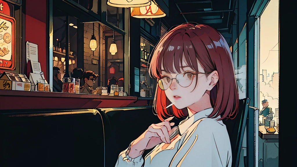 Beautiful redhead Asian girl sitting in a restaurant at night, Visible from the window, Perfect Face, sunglasses, Smoking white Taylormade cigarettes, Neon Black, (Backlight: 1.1), Hard Shadows, masterpiece, Highest quality, Complex, Model shooting style, Vintage, Film Grain, Incomplete details,smoke,cigarette