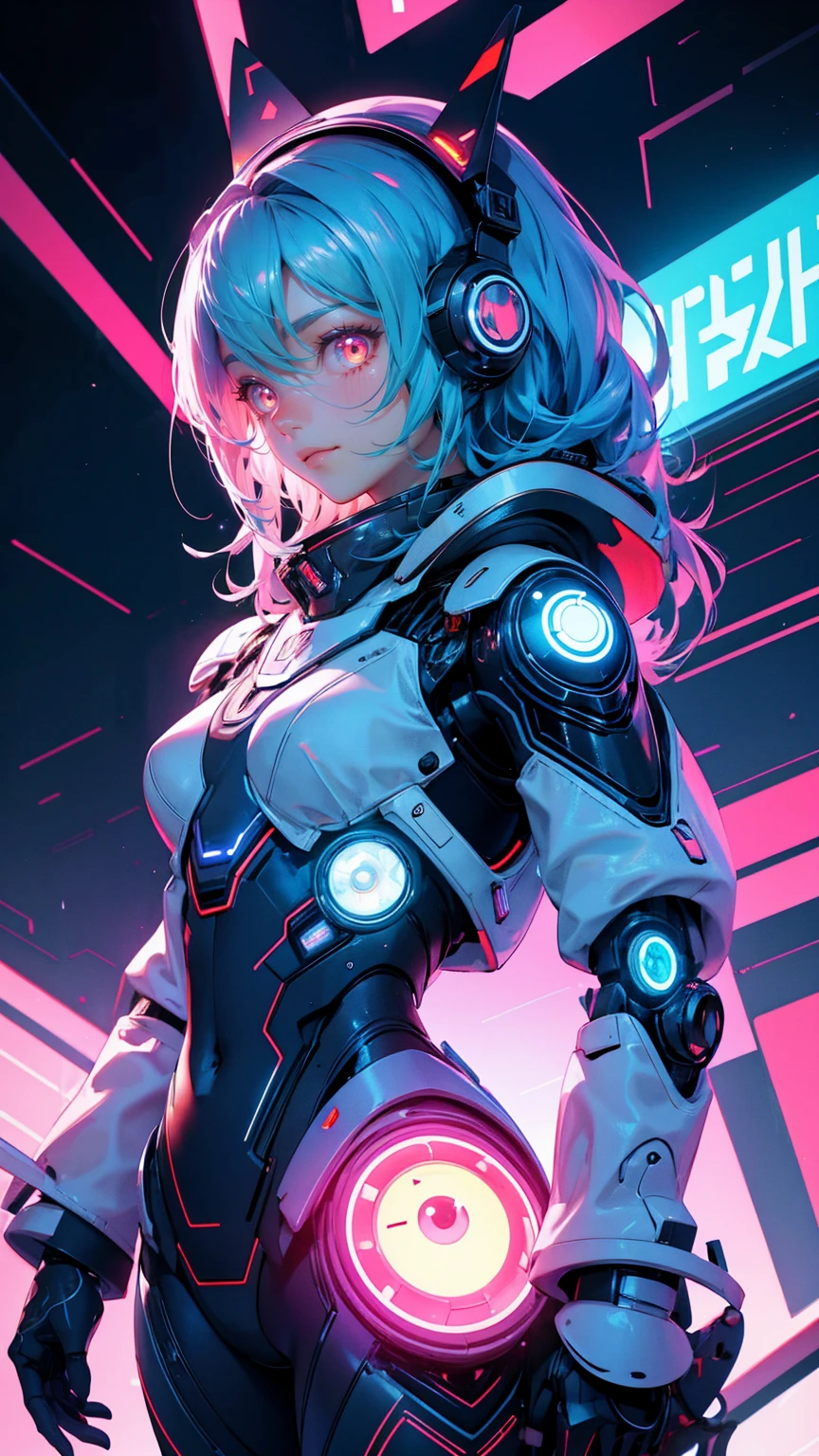 A vibrant and futuristic scene featuring a cute robot with the words 'Easy KYC' written on it. The robot has a friendly face, large glowing eyes, and is adorned with metallic accents. It stands against a background filled with glowing lights and intricate network lines, giving a sense of advanced technology. Replace the robot with a beautiful, cute girl while maintaining the same vibrant, futuristic style and friendly expression. Ensure the new character has similarly styled hair and clothing to fit seamlessly into the scene. The background and overall color scheme should remain exactly the same, preserving the advanced technological feel of the image