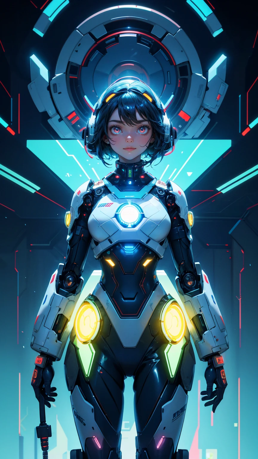 A vibrant and futuristic scene featuring a cute robot with the words 'Easy KYC' written on it. The robot has a friendly face, large glowing eyes, and is adorned with metallic accents. It stands against a background filled with glowing lights and intricate network lines, giving a sense of advanced technology. Replace the robot with a beautiful, cute girl while maintaining the same vibrant, futuristic style and friendly expression. Ensure the new character has similarly styled hair and clothing to fit seamlessly into the scene. The background and overall color scheme should remain exactly the same, preserving the advanced technological feel of the image