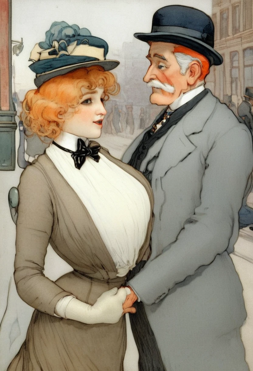 (((NSFW))), best quality, masterpiece, by Jessie Willcox Smith, bright colors, A yo blonde girl riding the streetcar is (((dry-humped by the aged, white-haired perverted 69yo man standing behind her, grabbing her large breasts and rubbing his crotch against her bubble butt:1.3))). Girl wearing an Edwardian outfit (((1900_dr3ss))), picture hat, gloves, boots. Man wearing a three-piece business suit, starched collar bowtie and bowler hat, man one head taller than girl.
