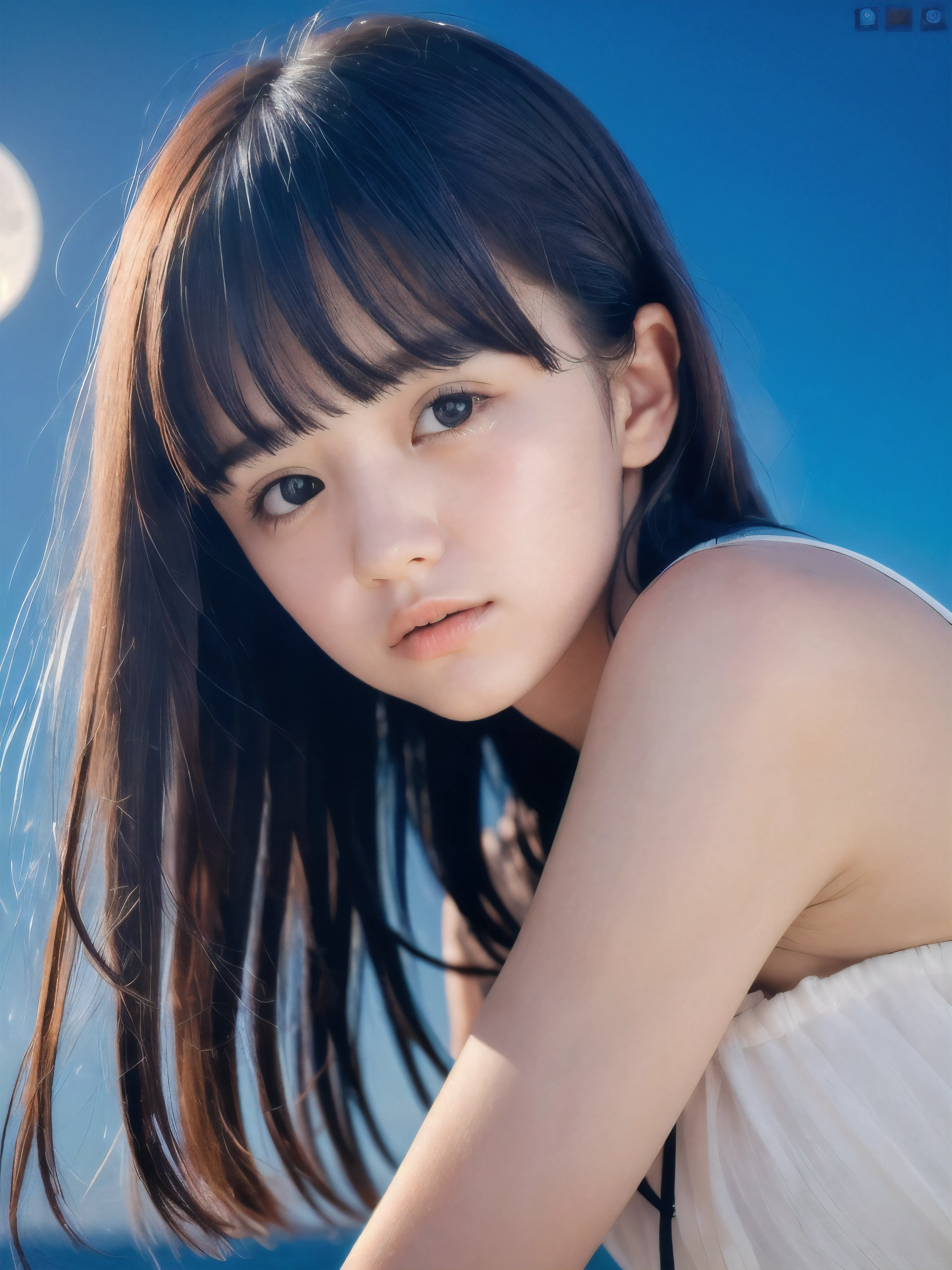 (Close up face shot of slender small-breasted dark silver long hair with swept bangs girl wearing a white summer dress:1.5)、(One girl is crying with tears at the cape of the sea in Japan:1.5)、(Beautiful midnight with full moon on the sea:1.5)、(blurred background:1.5)、(Natural light:1.5)、(8k ultra detailed master piece:1.5)、(perfect anatomy:1.5)、(Photorealistic stick:1.5)、(Raw photo:1.3)、(highest quality:1.5)、(High resolution:1.3)、(Delicate and beautiful perfect face:1.3)、(Delicate and beautiful eye air skin:1.3)、(Real Human Skin:1.3)、((thin legs))