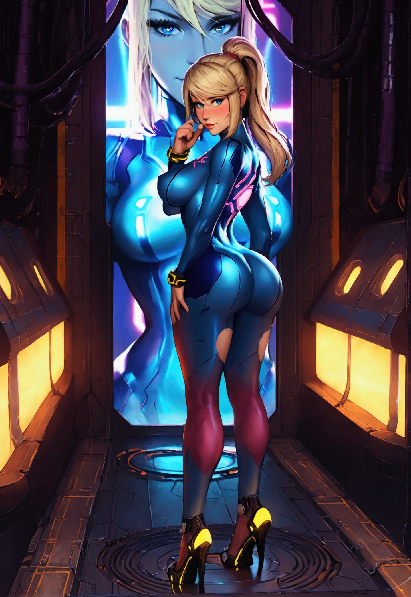 1girl, Samus Aran, standing, blonde hair, zero suit, ripped zero suit, high heels, blonde hair, blue eyes, posing, (dynamic sexy pose:1.4), detailed face, detailed eyes, looking at viewer, shy, teasing, subtle smile, flirting, seductive, large breast, big ass,dramatic lighting, erotic aesthetics, cute girl, medium shot, detailed setting, detailed background, futuristic setting, (neon lights:1.4), in futuristic dark room