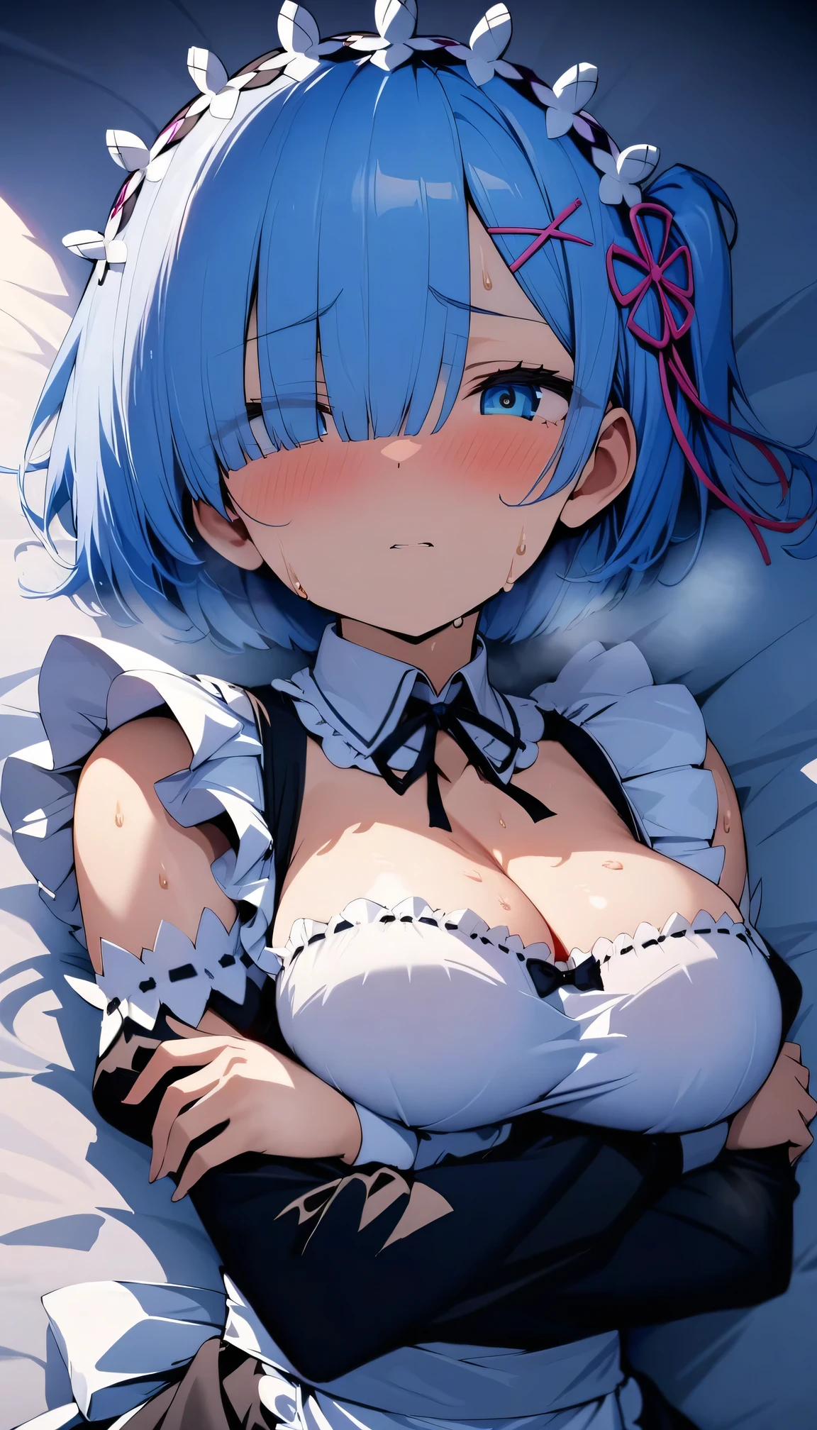 (masterpiece:1.2), Hyper Detail, Highest quality, (Complex_detailed:1.1), Beautiful details, Beautiful Hair, alone, One girl,One side up,Rem,(sweating:1.2),(vapor),Heavy breathing,vapor,(cry:0.4),From above,shoulder,((maid)),Cleavage,dark,Backlight, shoulder focus,Focus on the chest,Greasy breasts,Focus on the chest, shoulder focus,throw,Upper Body,Lying in bed,Arms crossed