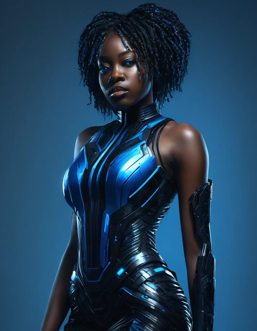 a full body portrait of an ebony woman with a black and blue dress, 4k highly detailed digital art, 4k detailed digital art, realistic digital art 4k, realistic digital art 4 k, stunning digital illustration, portrait beautiful sci - fi girl, portrait of a sci - fi woman, digital artwork 4 k, the cyberpunk girl portrait, beautiful cyberpunk girl face, epic portrait illustration  