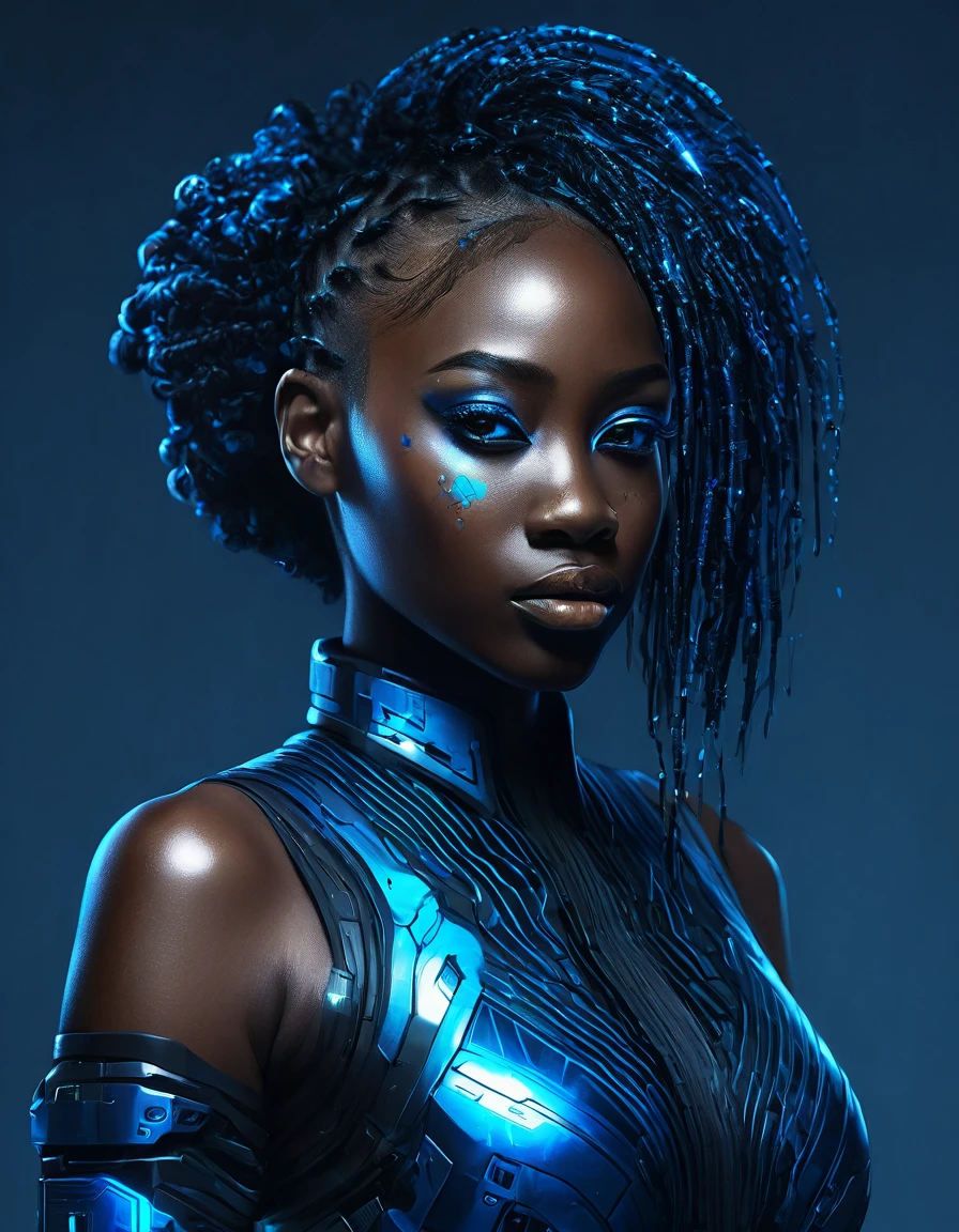 a full body portrait of an ebony woman with a black and blue dress, 4k highly detailed digital art, 4k detailed digital art, realistic digital art 4k, realistic digital art 4 k, stunning digital illustration, portrait beautiful sci - fi girl, portrait of a sci - fi woman, digital artwork 4 k, the cyberpunk girl portrait, beautiful cyberpunk girl face, epic portrait illustration  