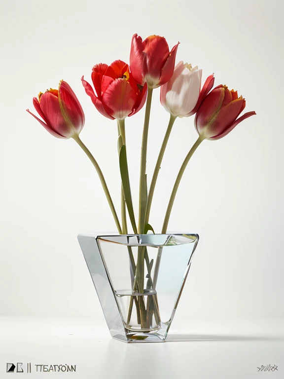 sketch, Modern Art, Tulips close-up, Angular geometric shapes, Random modern geometric lines and graphic background, Vibrant colors, White flower、Red flower、colorful