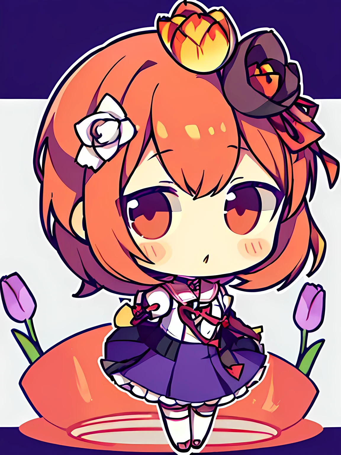 ((masterpiece, best quality, high resolution)), Anime-style images, (((tulips on head:1.4, A single tulip blooms from her head))), white background, simple background, Chibi, Face without a nose:1.4, Half-open eyes, Slightly Big eyes, ((Persona 3 character Yukari Takeba)), Small and cute, 