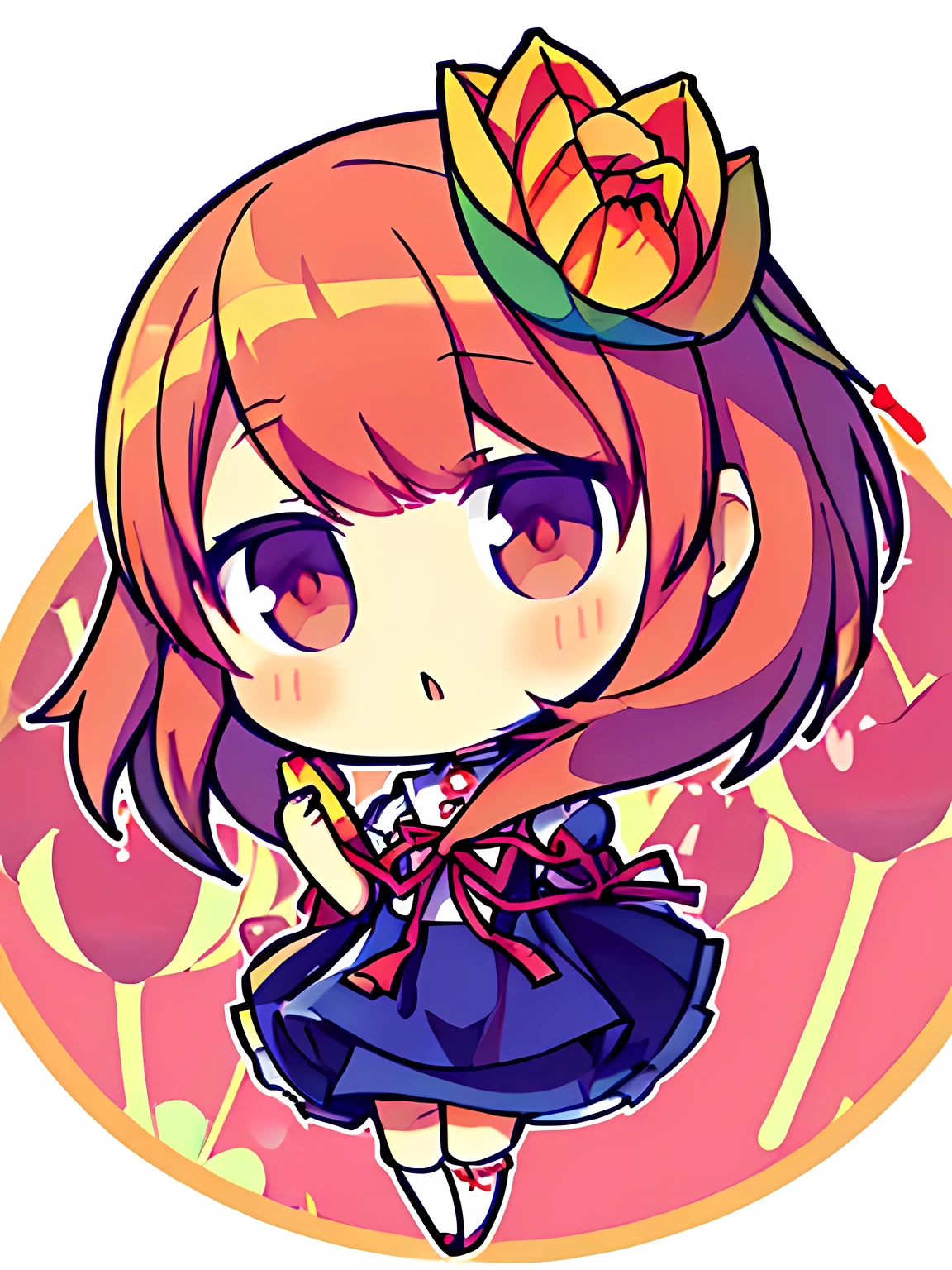 ((masterpiece, best quality, high resolution)), Anime-style images, (((tulips on head:1.4, A single tulip blooms from her head))), white background, simple background, Chibi, Face without a nose:1.4, Half-open eyes, Slightly Big eyes, ((Persona 3 character Yukari Takeba)), Small and cute, 