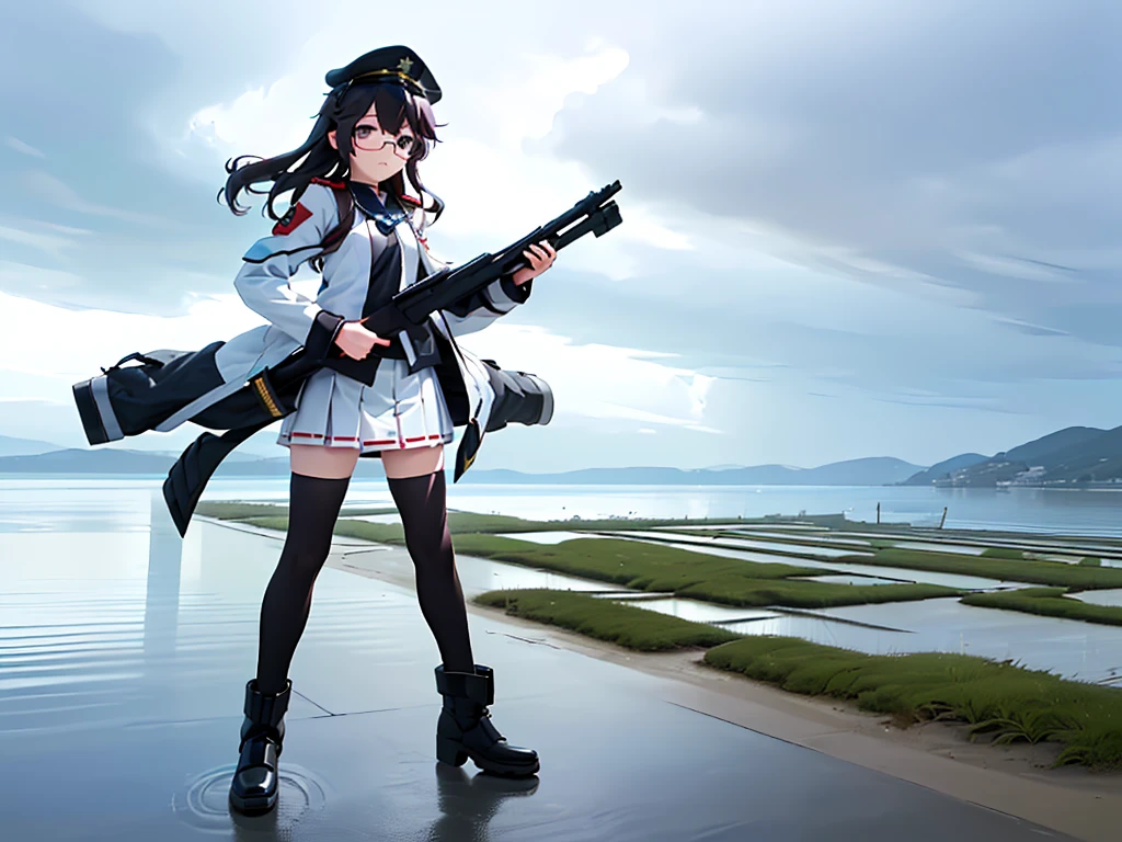 (((masterpiece, Vision))), ((((Full body of a woman with perfect flat chest、1 Female、solo、Short unkempt black hair、white military jacket、Miko costume、Long skirt、black tights、Black glasses are black、White military cap、Cloudy black eyes、Confused eyes、Junyo-inspired emblem、Ship-style boots)))), (((Shipgirl、Kantai Collection、Fleet Collection))), ((Floating on the morning sea with both feet)), (Standing with your legs apart)), (Hold a pump-action shotgun with both hands), 