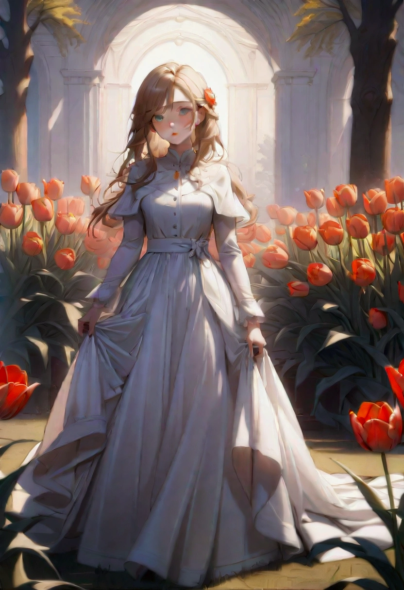 1girl, A field of vibrant tulips, beautiful detailed petals, lush green foliage, serene countryside landscape, warm golden hour lighting, (4k,8k,highres:1.2), ultra-detailed, HDR, UHD, studio lighting, ultra-fine painting, sharp focus, physically-based rendering, extreme detail description, professional, vivid colors, landscape, natural lighting, scenic, idyllic, masterpiece, best quality, very aesthetic, absurdres