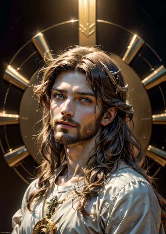 (best quality, highres, masterpiece:1.3),ultra-detailed, (realistic:1.37), ((one man)), muscular, long hair, Jesus Christ, ((halo over head)), smiling in peacefull, heavenly sky, ((divine light)), ethereal, clouds, back lighting, realistic portrait, symmetrical, strong, intricate drawing, highly detailed, digital painting, Artstation, fluid, against heaven's gate, cinematic lighting, works by artgerm and greg rutkowski and alphonse mucha, a portrait of glorious Jesus