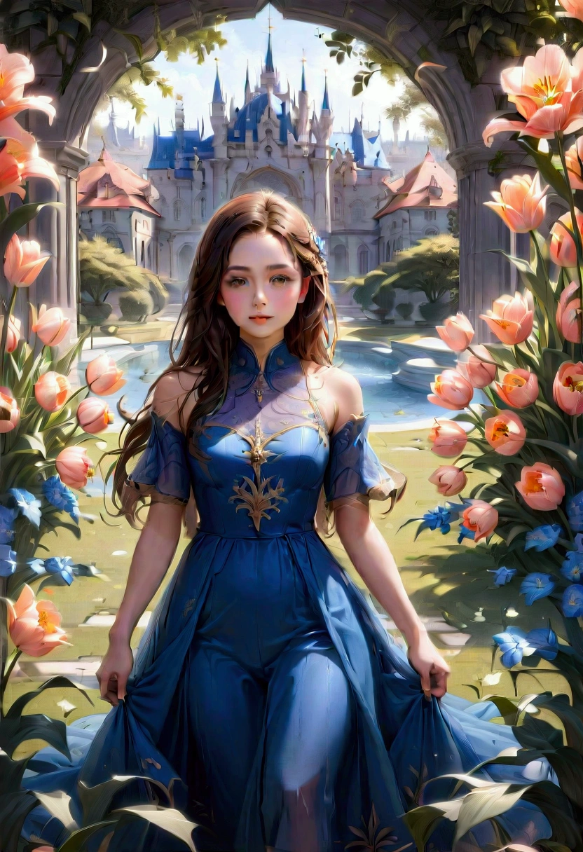 1girl, A field of vibrant tulips, beautiful detailed petals, lush green foliage, serene countryside landscape, warm golden hour lighting, (4k,8k,highres:1.2), ultra-detailed, HDR, UHD, studio lighting, ultra-fine painting, sharp focus, physically-based rendering, extreme detail description, professional, vivid colors, landscape, natural lighting, scenic, idyllic, masterpiece, best quality, very aesthetic, absurdres