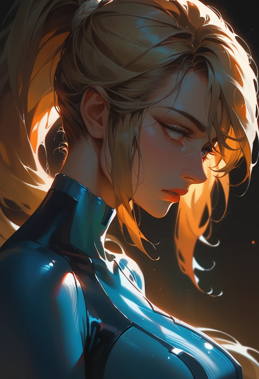 ((masterpiece)), sharp focus, 1girl, solo, Samus Aran, zero suit, blondie hair, ponytail, volumetric lighting, backlit, dark, night, large breasts, close up, side view, detailing face, detailing body, solo focus