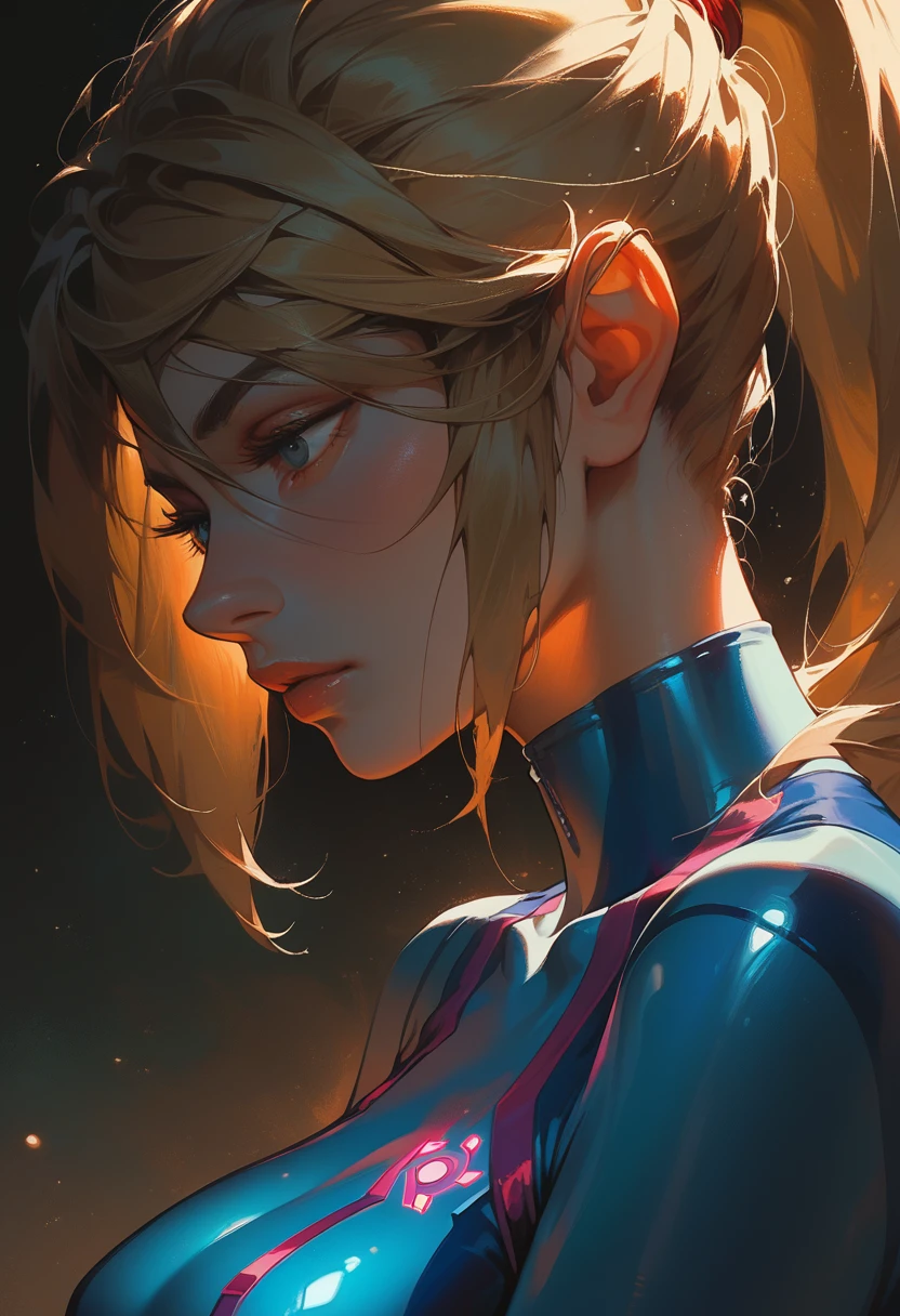 ((masterpiece)), sharp focus, 1girl, solo, Samus Aran, zero suit, blondie hair, ponytail, volumetric lighting, backlit, dark, night, large breasts, close up, side view, detailing face, detailing body, solo focus