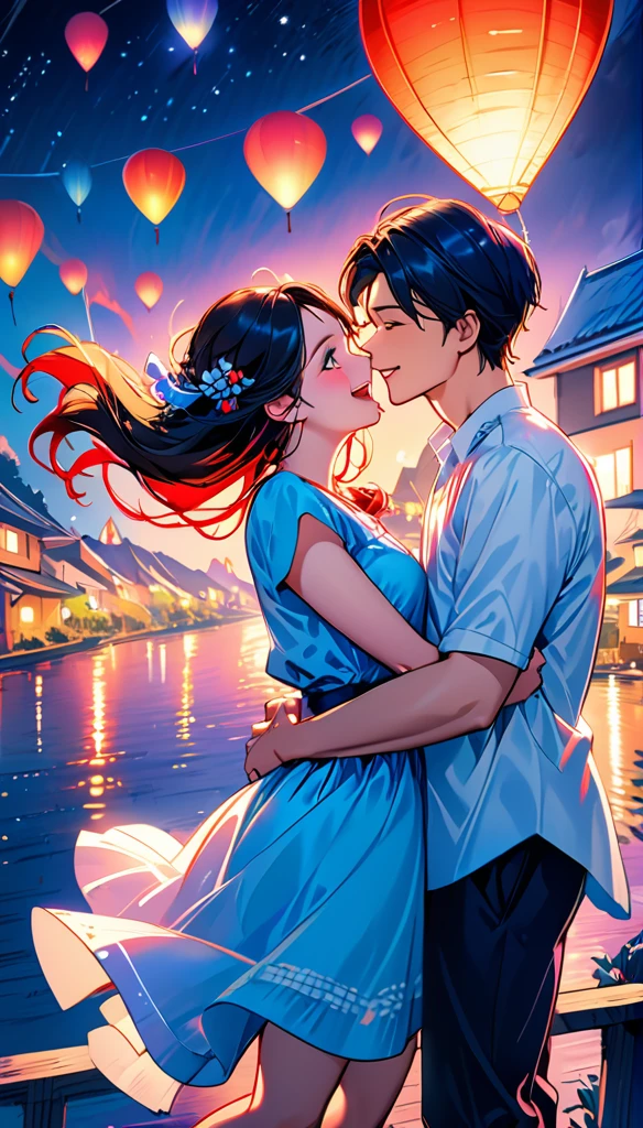 (Highest quality、Very detailed、Real:1.37)、humor、Beach、night、Starry Sky、Manga style、Desaturate、Girls and boys、Fun couple、Laughter、Floating Love、