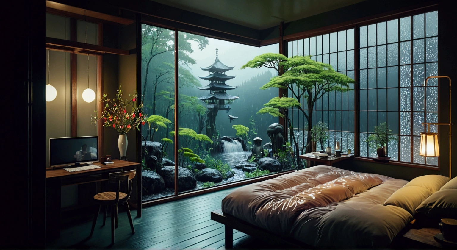 bed in bedroom next to window, image, inspired by Gregory Crewdson, digital art, Japanese onsen, tranquil forest night view, balcony, late summer evening