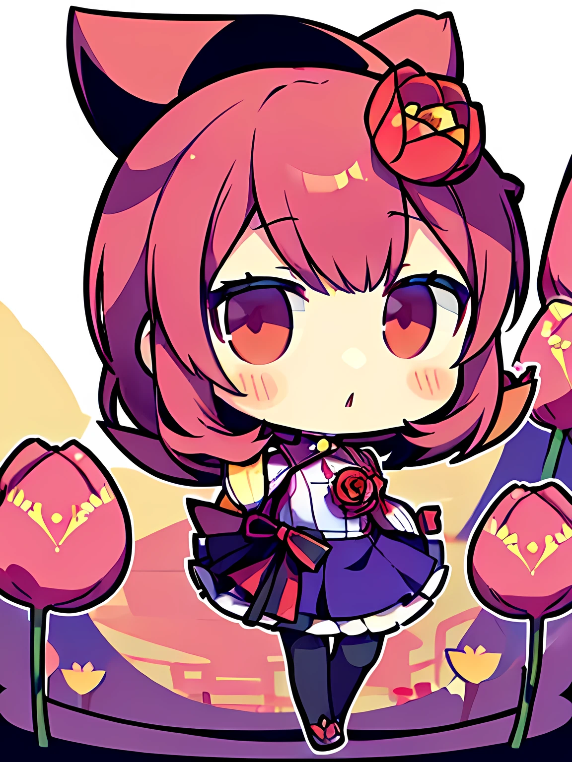 ((masterpiece, best quality, high resolution)), Anime-style images, (((tulips on head:1.4, A single tulip blooms from her head))), white background, simple background, Chibi, Face without a nose:1.4, Half-open eyes, Slightly Big eyes, ((Persona 3 character Yukari Takeba)), Small and cute, 