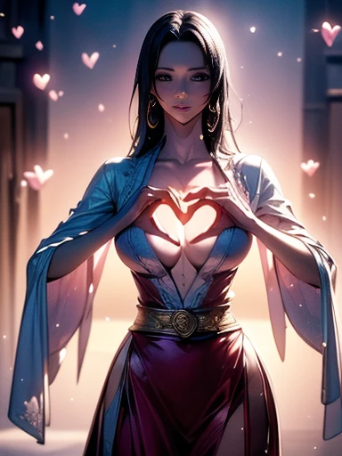 masterpiece, (Realistic:1.5), Highest quality, Beautiful lighting, Real Life, boa hancock, (only solo people ), 2 or more people NG, (perfect anatomy) ,(((heart hands))), Pink light, beautiful , large breasts , Cleavage, Slim waist, smile, , standing alone, , , Sweat-soaked skin,