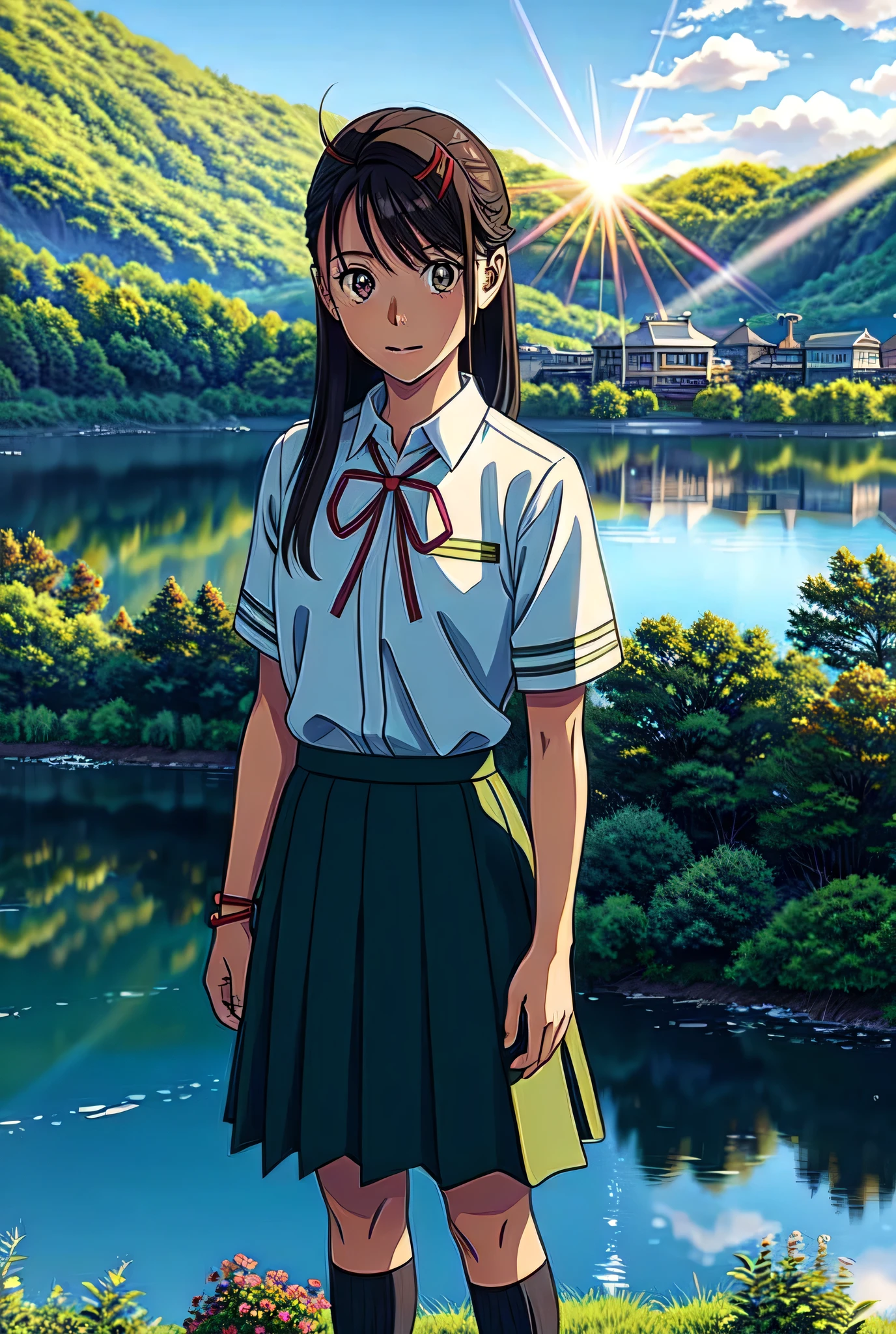 suzu_me, 1 girl, solo, (standing), (looking at viewer:1.2),upper body, brown eyes, black hair, hairclip, single drill, red ribbon, short sleeves school uniform,(green school skirt), outdoors,(light rays:1.2),(sun:1.2),(blue sky:1.1), park,(flowers:1.1),(lake:1.2),(mountains:1.2),(city:1.2),lawn,trees,from above,