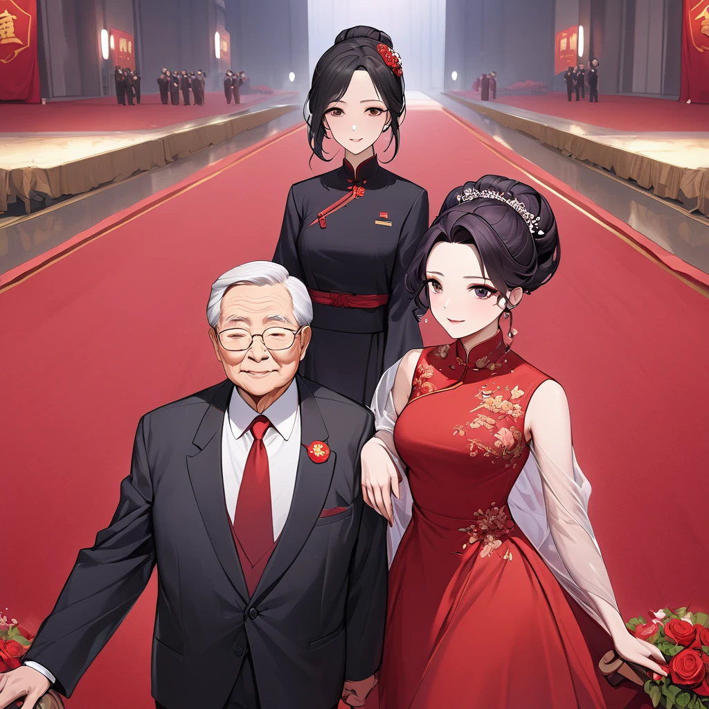 ((Highest quality)), ((masterpiece)), (detailed), (Perfect Face)、The woman is a Chinese woman named Kocho Shinobu.。, Purple gradient bob black hair and formal evening hairstyles. She is wearing an engagement ring. She is a prominent member of the Chinese Communist Party.、She is the wife of a great old Communist Party official.、The woman is beautifully dressed in a gorgeous red wedding dress typical of the Chinese Communist Party, and she loves her husband dearly and is happy to be his wife.、She walked side by side with a dignified elderly Communist Party official down the red carpet aisle in a loving wedding ceremony.。A loving Chinese Communist couple
