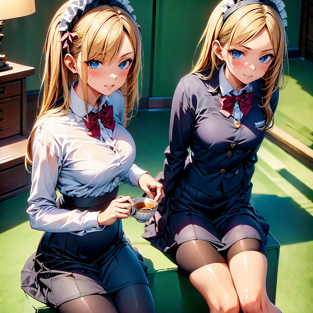 ((highest quality、High resolution))、(((2girls))), Portrait、Beautiful girl、Perfect body、beautiful ample breasts、Nipples、Long blonde、Maid、Embarrassed、((Lift up your skirt and show your pussy))、Love juice