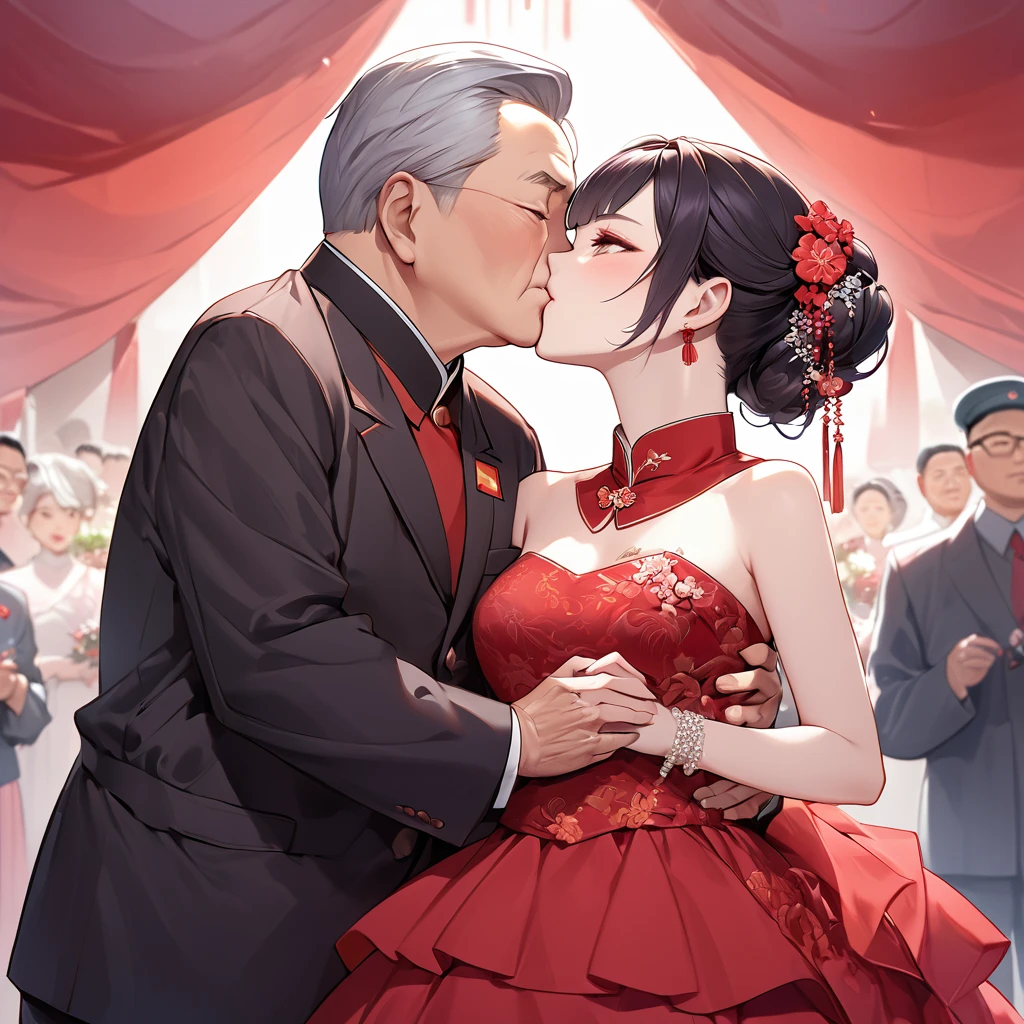 ((Highest quality)), ((masterpiece)), (detailed), (Perfect Face)、The woman is a Chinese woman named Kocho Shinobu.。, Purple gradient bob black hair and formal evening hairstyles. She is wearing an engagement ring. She is a prominent member of the Chinese Communist Party.、She is the wife of a great old Communist Party official.、The woman is beautifully dressed in a gorgeous and glamorous red wedding dress typical of the Chinese Communist Party.、She is seen in a passionate wedding ceremony with a dignified elderly Communist Party official, embracing him passionately and kissing him in a deep vow.。A loving Chinese Communist couple