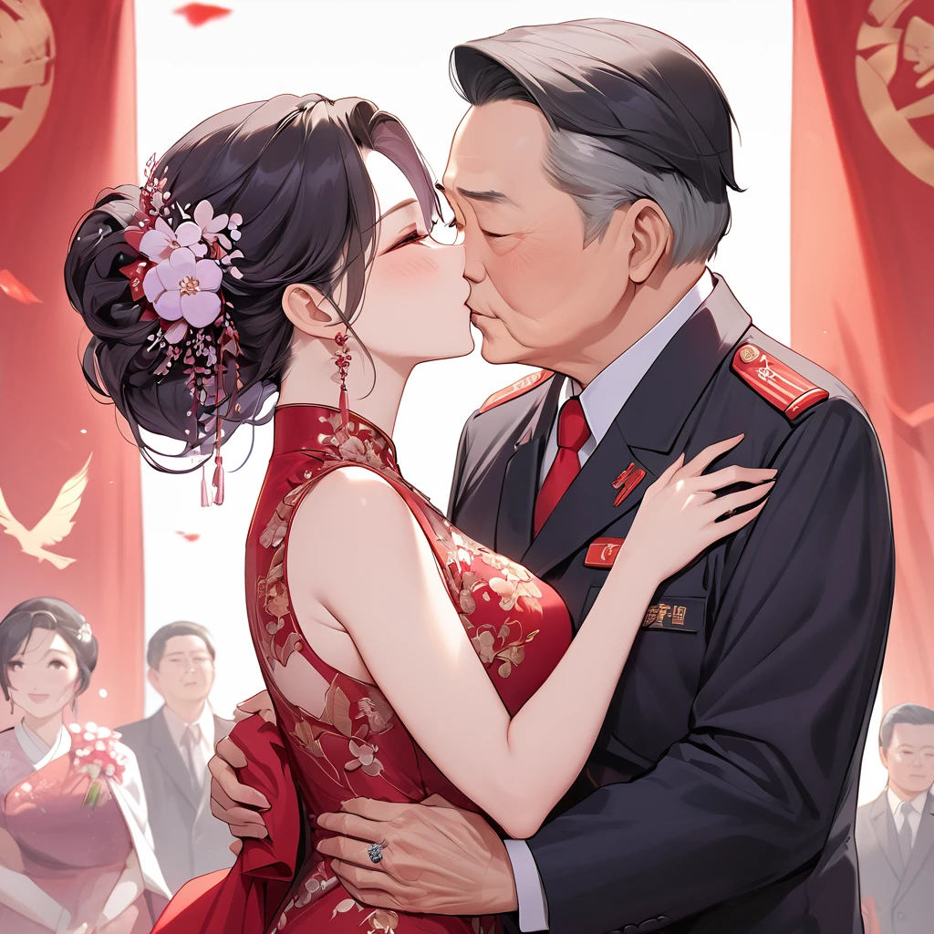((Highest quality)), ((masterpiece)), (detailed), (Perfect Face)、The woman is a Chinese woman named Kocho Shinobu.。, Purple gradient bob black hair and formal evening hairstyles. She is wearing an engagement ring. She is a prominent member of the Chinese Communist Party.、She is the wife of a great old Communist Party official.、The woman is beautifully dressed in a gorgeous and glamorous red wedding dress typical of the Chinese Communist Party.、She is seen in a passionate wedding ceremony with a dignified elderly Communist Party official, embracing him passionately and kissing him in a deep vow.。A loving Chinese Communist couple
