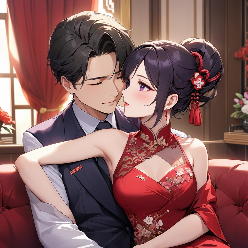 ((Highest quality)), ((masterpiece)), (detailed), （Perfect Face）、The woman is a Chinese woman named Kocho Shinobu.。, Purple gradient bob black hair and formal evening hairstyles. She is wearing an engagement ring. She is a prominent member of the Chinese Communist Party.、She is the wife of a great old Communist Party official.、The woman is beautifully dressed in a gorgeous and glamorous red wedding dress typical of the Chinese Communist Party.、A loving couple is seen passionately embracing a dignified elderly Communist Party official on a luxurious sofa in a luxurious room, the man fondling the woman&#39;s breasts and caressing her body.。A loving Chinese Communist couple