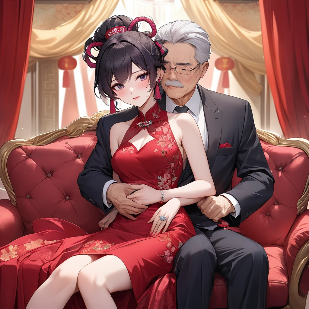 ((Highest quality)), ((masterpiece)), (detailed), (Perfect Face)、The woman is a Chinese woman named Kocho Shinobu.。, Purple gradient bob black hair and formal evening hairstyles. She is wearing an engagement ring. She is a prominent member of the Chinese Communist Party.、She is the wife of a great old Communist Party official.、The woman is beautifully dressed in a gorgeous and glamorous red wedding dress typical of the Chinese Communist Party.、A loving couple is seen passionately embracing a dignified elderly Communist Party official on a luxurious sofa in a luxurious room, the man fondling the woman's breasts and caressing her body.。A loving Chinese Communist couple