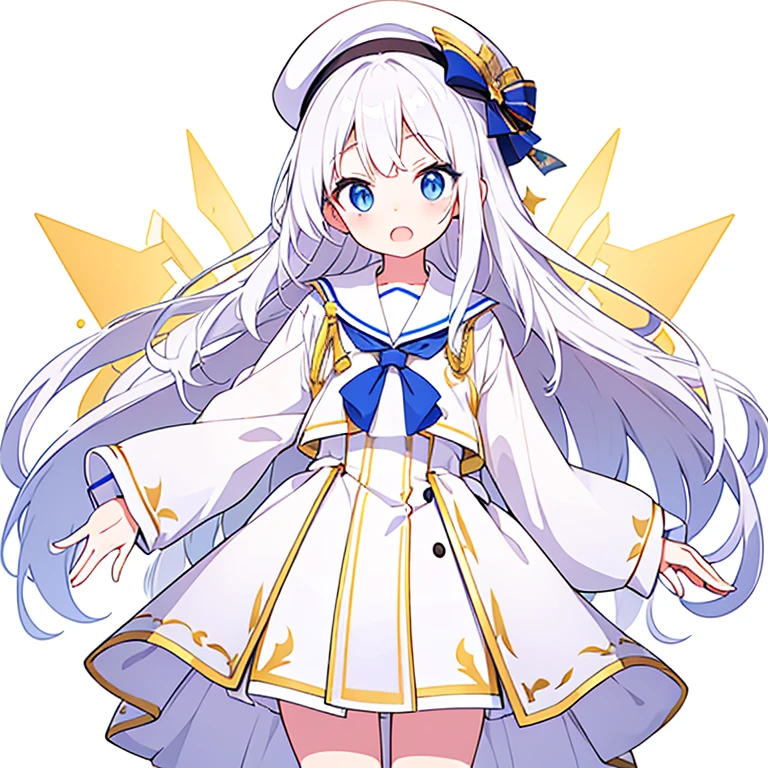 Mouth open、There is a gap on the top of the hat、Pure white background、Standing still、Hands at sides、White hat with gold decoration、Long white hair、Sailor'White uniform