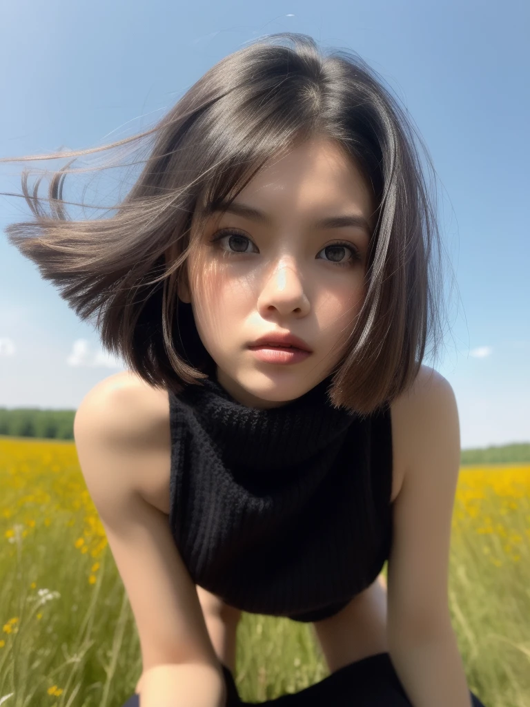 (Detailed wide shot:1.3), (best quality image:1.4)(Black short hair blowing in the wind:1.2), 1girl, sweet face, kazakh, wearing black woollen shirt and skirt, in dahlian meadow, summer, sunlight, surreal view, real object, same posing, looking at viewer, detailed face and eyes, sharp focus, dramatic shadow, ultra highly detailed, film looks, realism