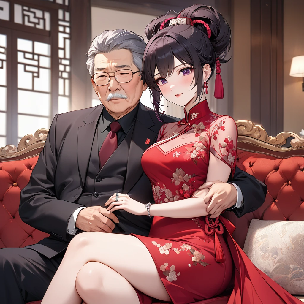 ((Highest quality)), ((masterpiece)), (detailed), （Perfect Face）、The woman is a Chinese woman named Kocho Shinobu.。, Purple gradient bob black hair and formal evening hairstyles. She is wearing an engagement ring. She is a prominent member of the Chinese Communist Party.、She is the wife of a great old Communist Party official.、The woman is beautifully dressed in a gorgeous and glamorous red wedding dress typical of the Chinese Communist Party.、A loving couple is seen passionately embracing a dignified elderly Communist Party official on a luxurious sofa in a luxurious room, the man fondling the woman&#39;s breasts and caressing her body.。A loving Chinese Communist couple、the woman is pregnant