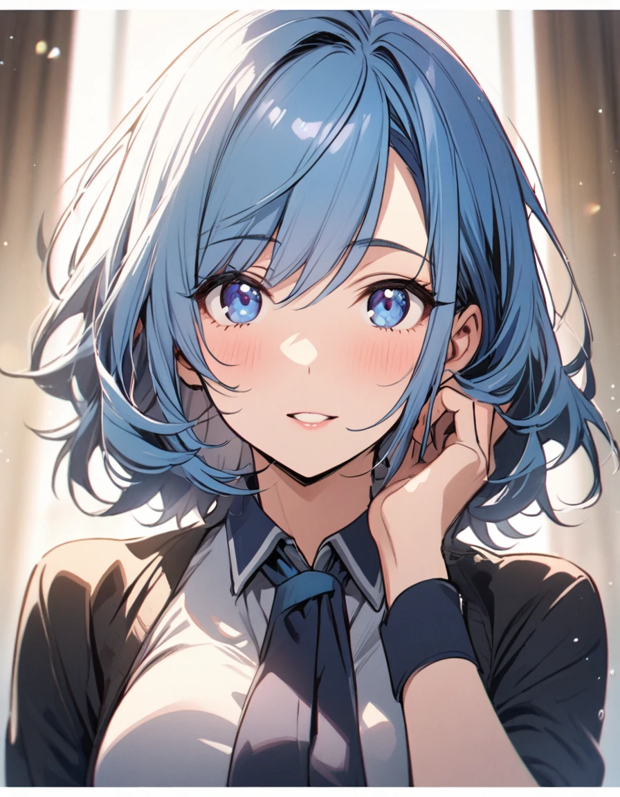 girl, mature, beautiful main face, front face, blue eyes, blue hair, cute