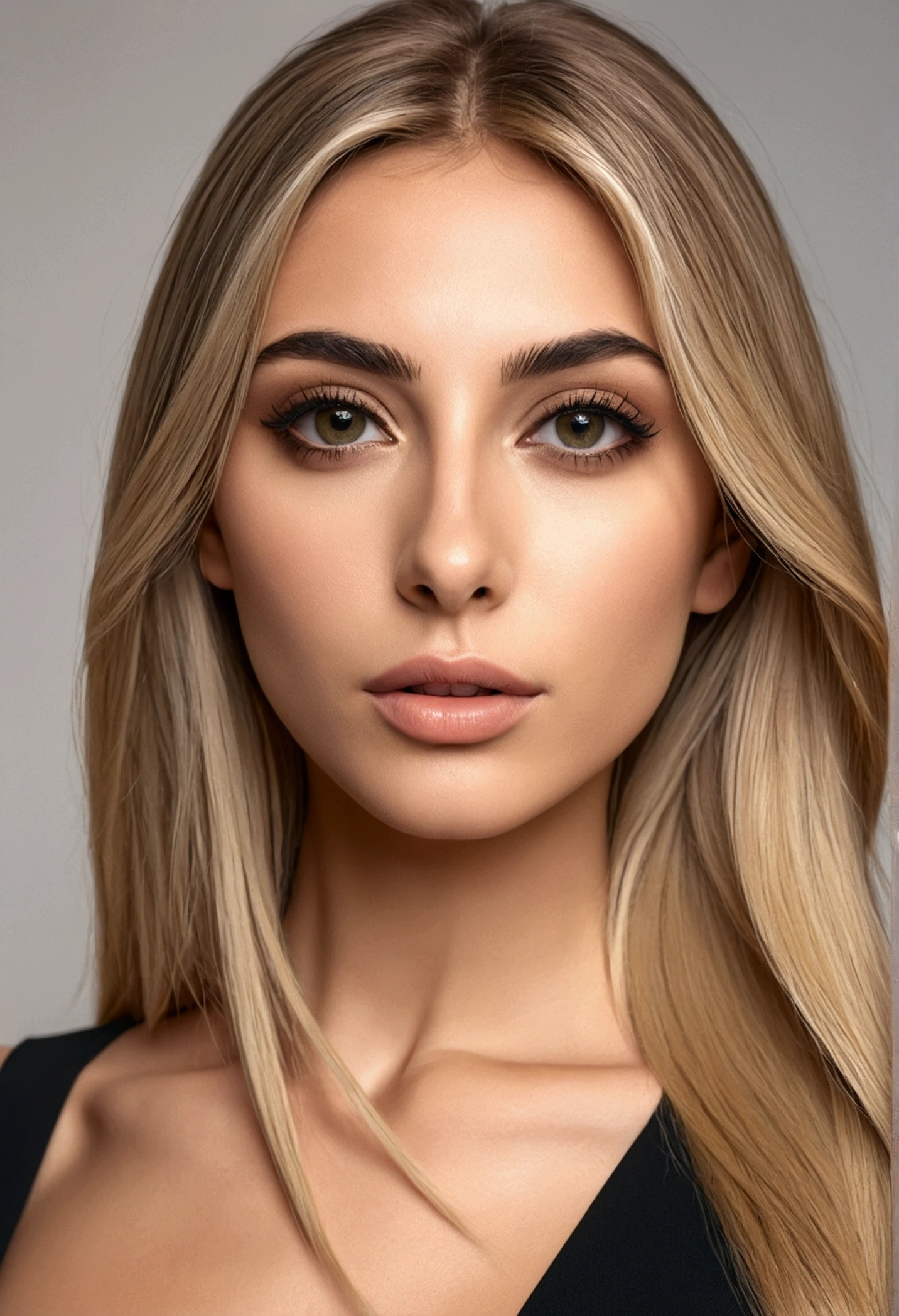 A realistic photo of beautiful italian woman wear a black short dress ,light makeup, long straight blonde hair, high quality photo 4k, very detailed, perfect fit, looking at the camera, detailed face, detailed almond eyes, olive skin